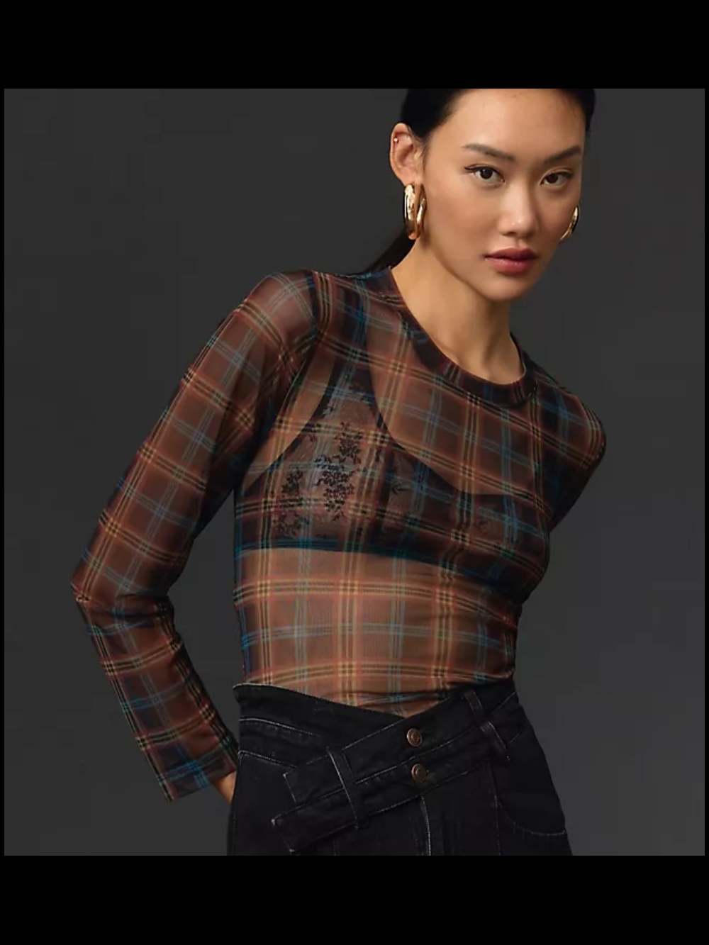 Anthropologie 🟤 Porridge Plaid Mesh Layering Top 💙 Size Medium